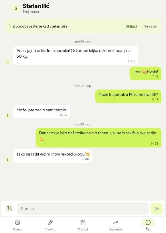 Čet sa trenerom i obaveštenja